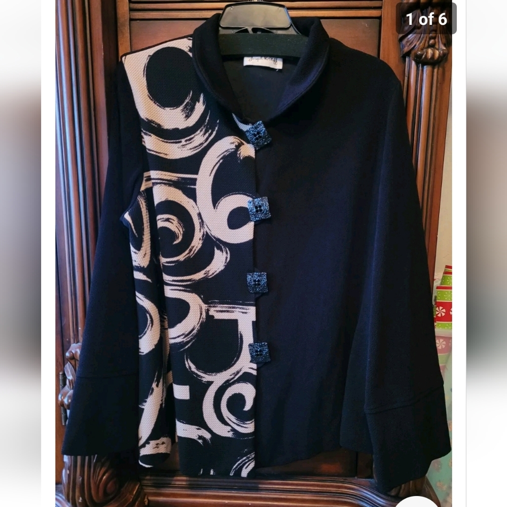 Joseph Ribkoff Asymmetrical Abstract Cream Black Jacket L XL
